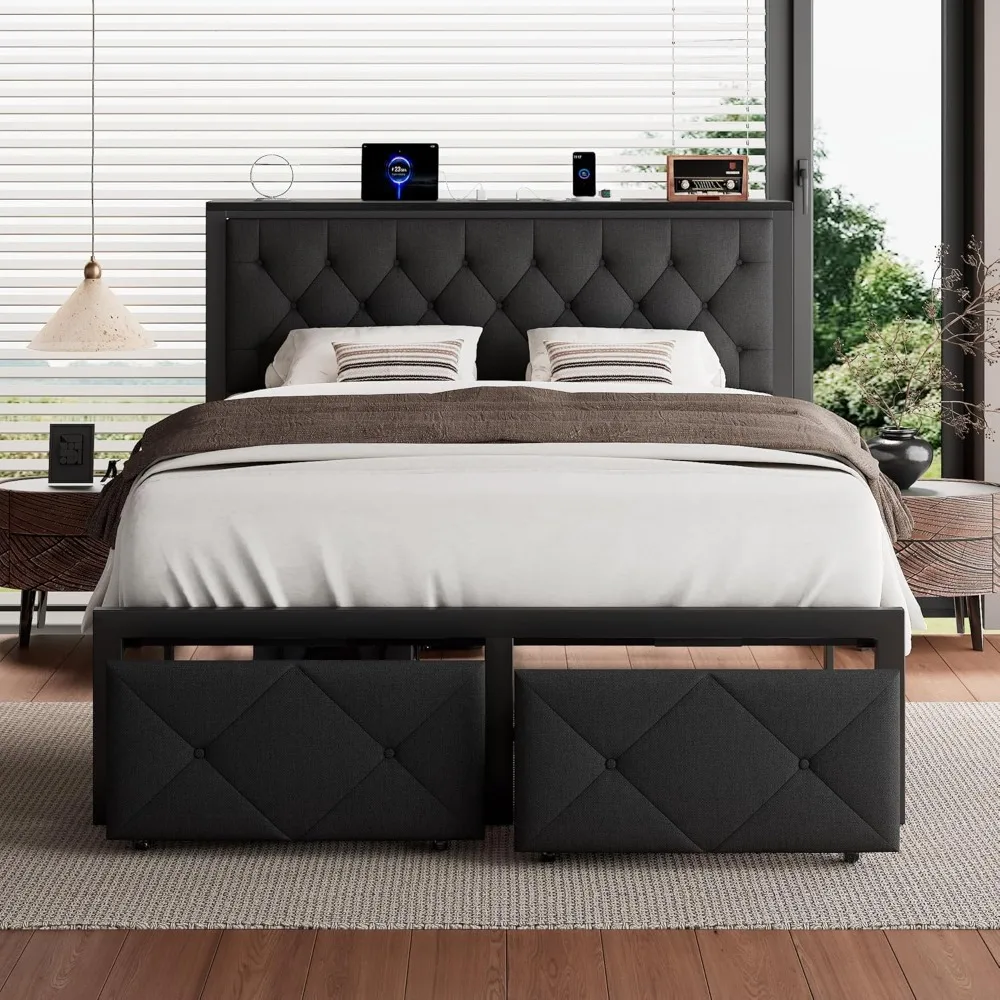 

Queen Size Bed Frame with 2 Storage Drawers, Linen Cushioned Headboard, Platform Bed with Charging Station