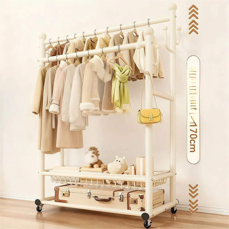 Hxl clothes rack floor-standing bedroom simple double rod coat rack movablethickened clothes rack