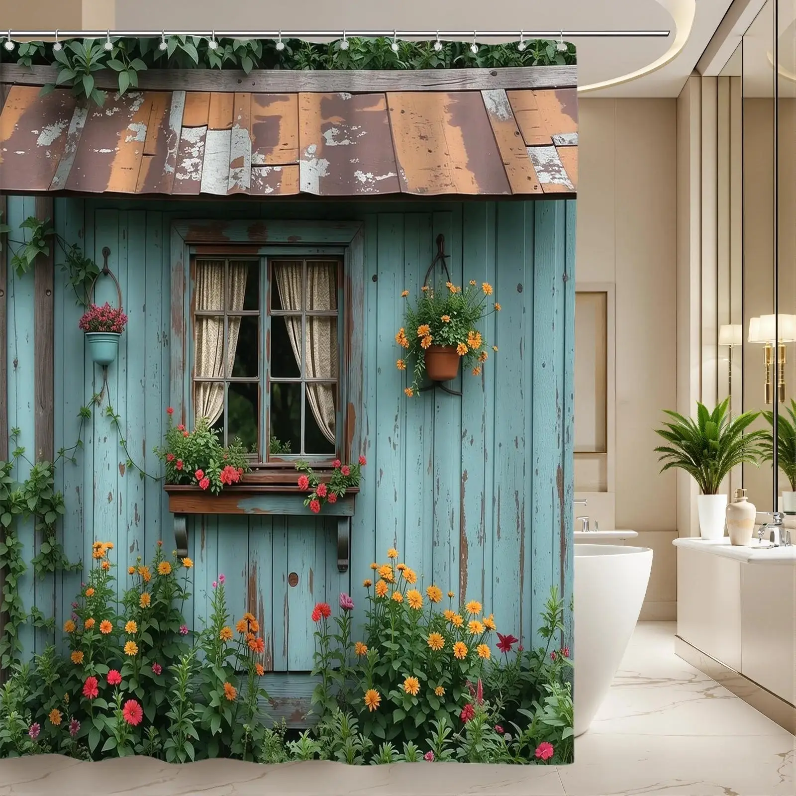 1pc 2D Flat Shower Curtain, Rustic Blue Wooden Cabin & Colorful Garden Flowers Printed Shower Curtain, Decor for Bathroom