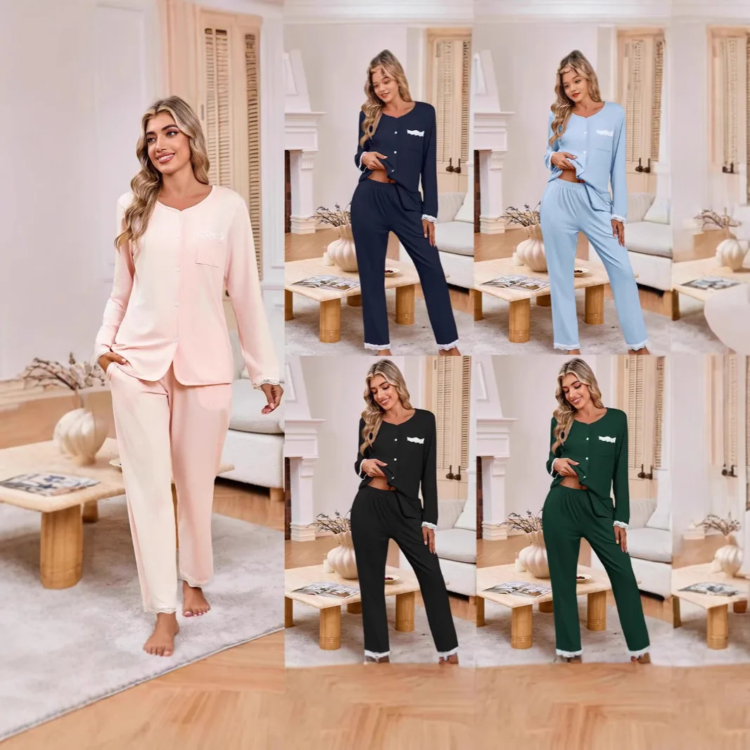 

Женский повседневный кардиган с кружевной отделкой Long Sve, комплект пижамы, удобная домашняя одежда, длинные брюки, круглый дизайн Ne