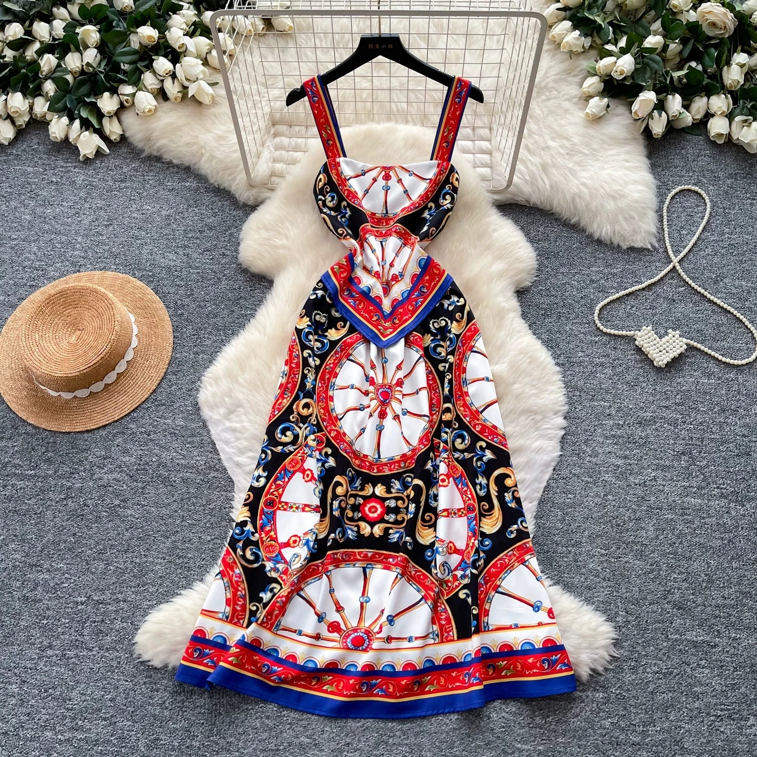 Women Sicilian Carretto Wheel Print Spaghetti Strap Midi Dress Vintage A Line Swing Dress Elegant Holiday Party Sundress