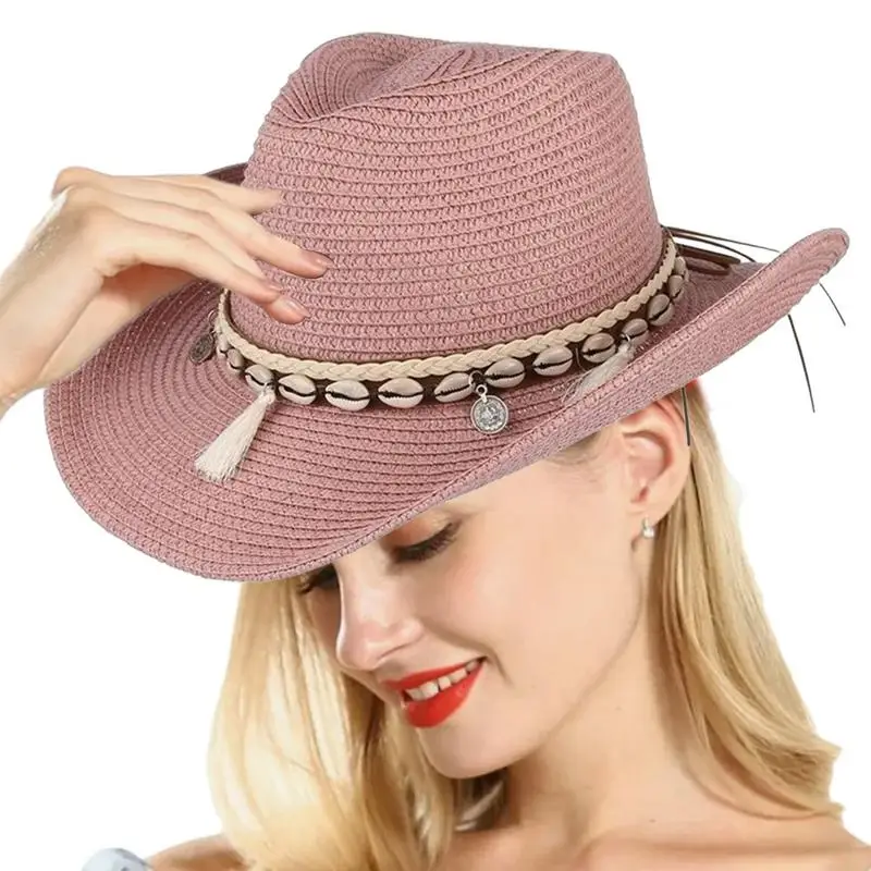 Summer Straw Hat Tassels Beach Shell Lady Sun Caps Cowboy Hat Straw Hats UV Protection Sun Hat Adjustable Lightweight Hat