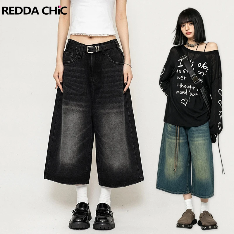 REDDACHiC Shorts Jeans Feminino Estilo Boyfriend com Efeito Desgastado Tamanhos Grandes Vintage Casual Calças Largas Jeans Baggy Jorts Grunge Y2k Streetwear