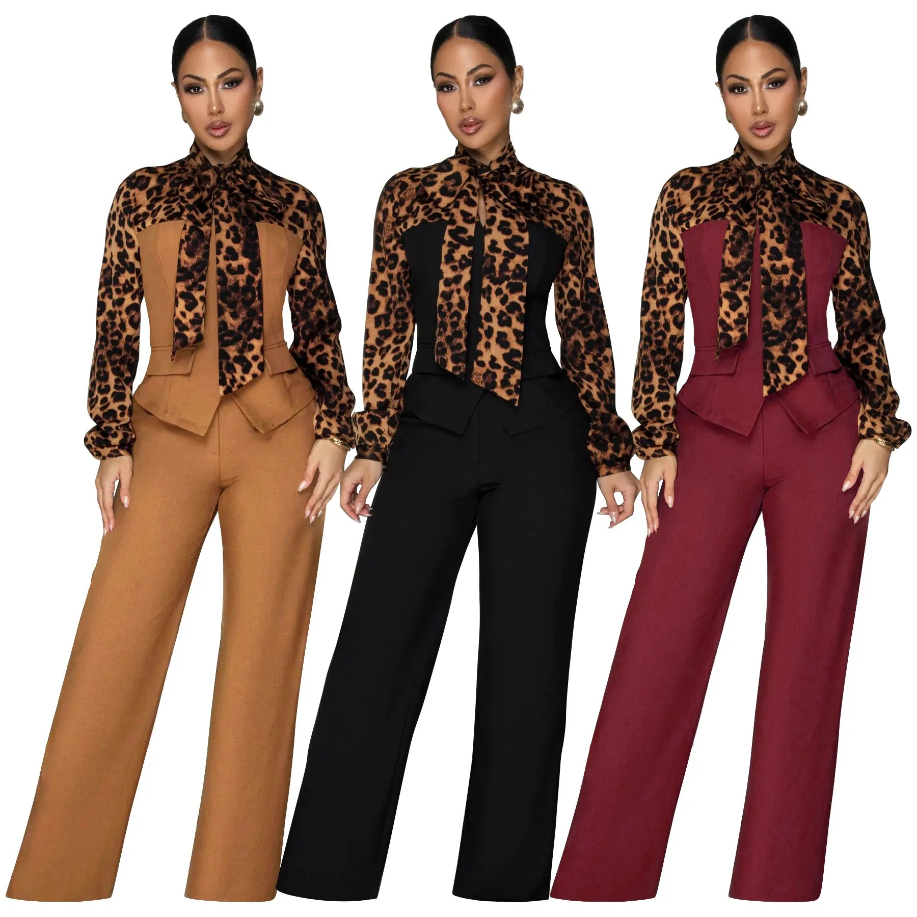 

Fall Women's Clothing Leopard Print Tie Neck Long Sleeve Casual Set For Woman Polyester Sexy Matching Outfits Long Tracksuit