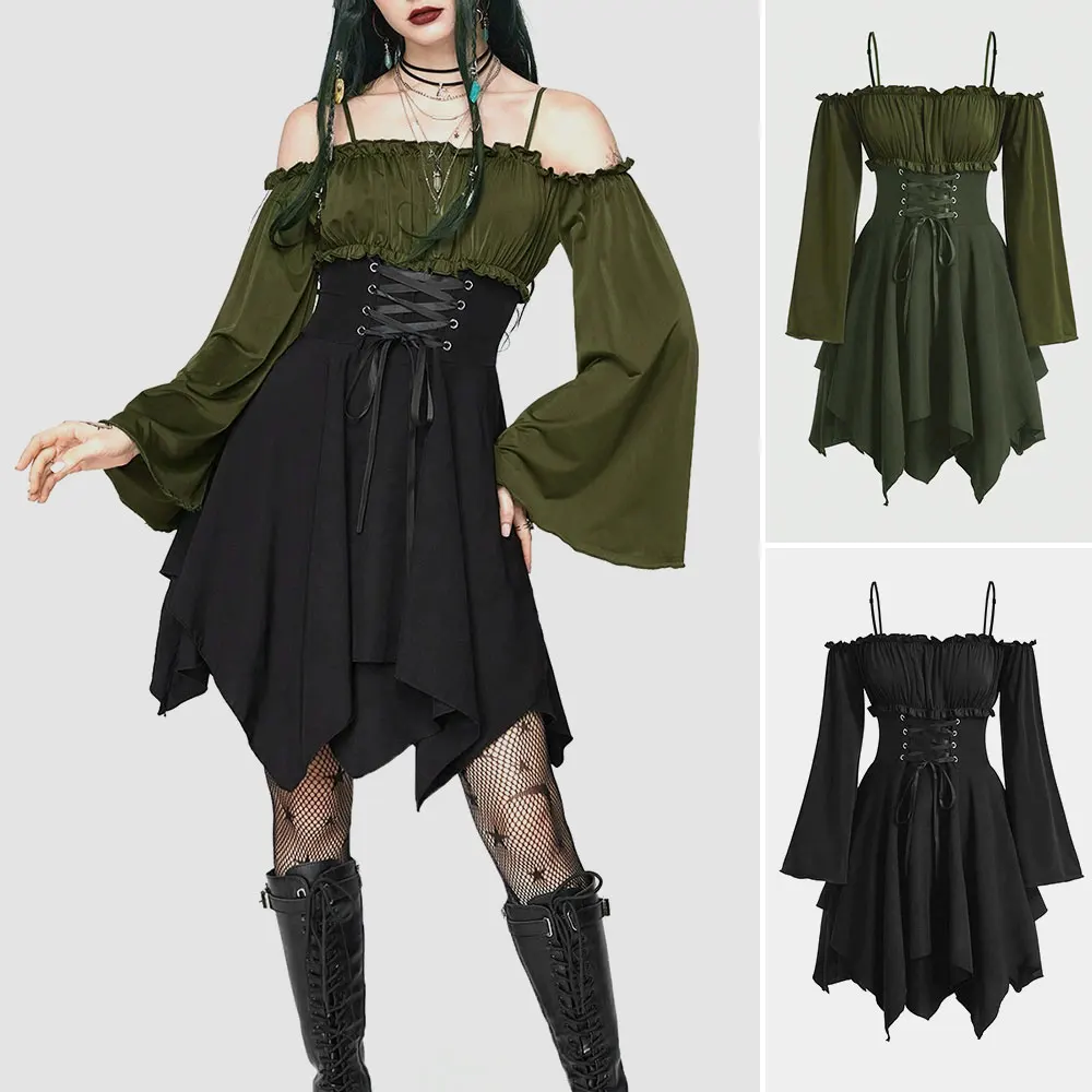 

Mia Muse Boutique Women's Dresses Halloween Contrast Color Asymmetrical Hem Flounce Trim Lace Long Sleeve Off Shoulder Mini Dre