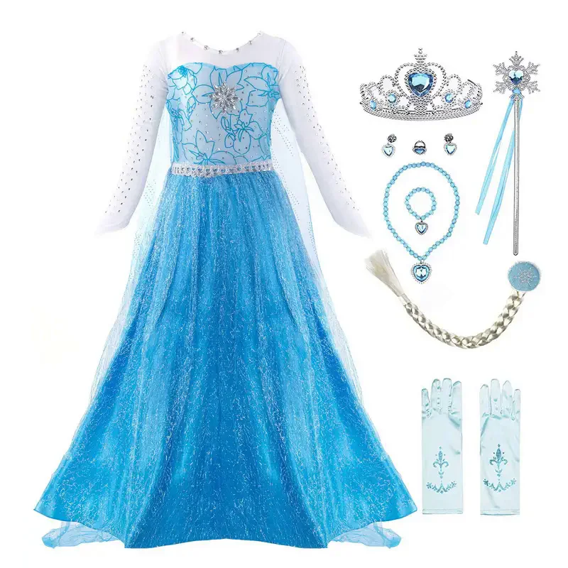 Vestidos de Frozen con diamantes de imitación para niñas, vestido largo de princesa de Reina de la nieve, disfraz de cosplay para fiesta de cumpleaños para niños, vestidos para adolescentes disfrraz