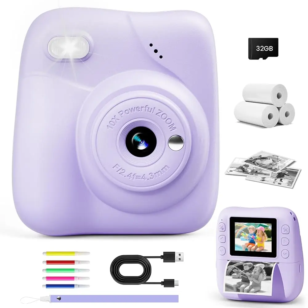 Ailexpress Instant Print, 1080P HD Kids Instant Camera with 32G Card & 3 Rolls Print Paper, Portable Toddler Toy, Christmas