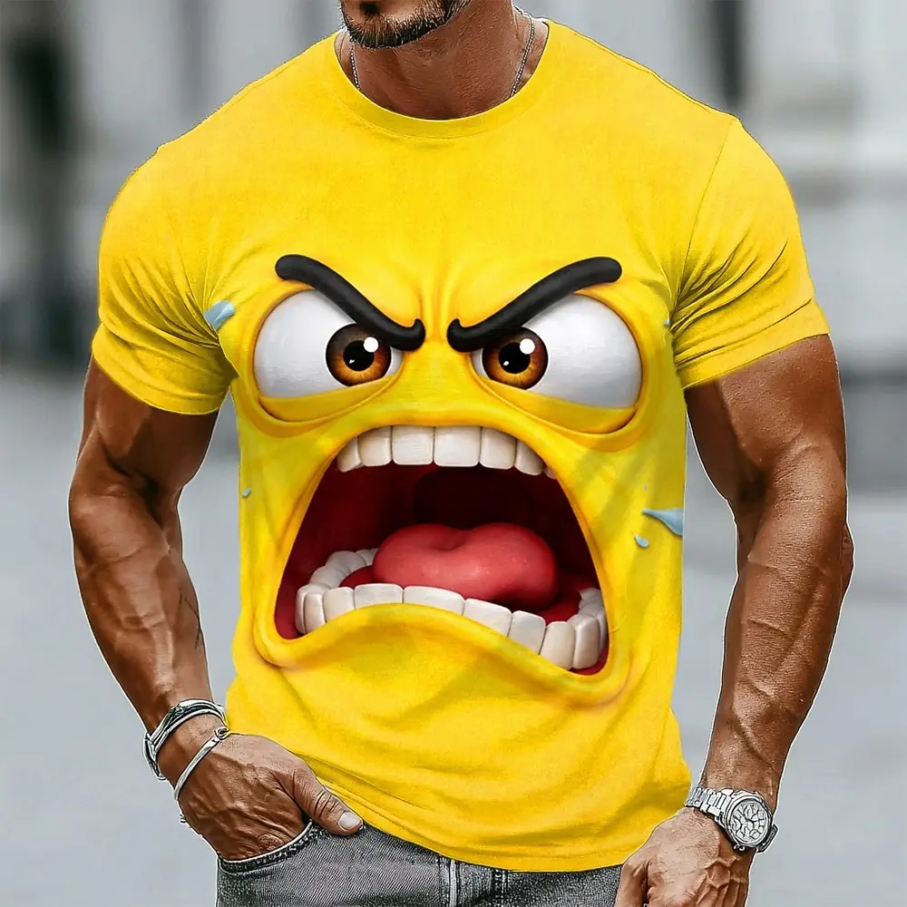Men's 3D Cartoon Monster Face Print T-Shirt Angry Big Mouth Furry Smile Expression Graphic Crew Neck Short Sleeve Tee