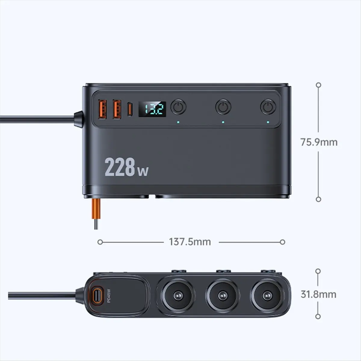 

(ABDH) Cigarette Lighter Splitter 228W USB C Car Charger Adapter QC3.0 with PD45W Telescopic Cable LED Voltage Display 12V/24V