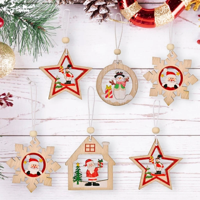 12 ชิ้นชุดเครื่องประดับต้นคริสต์มาสไม้ Santa Snowman Star House Snowflake แขวนจี้ Xmas Home Party ประตูของขวัญกล่อง