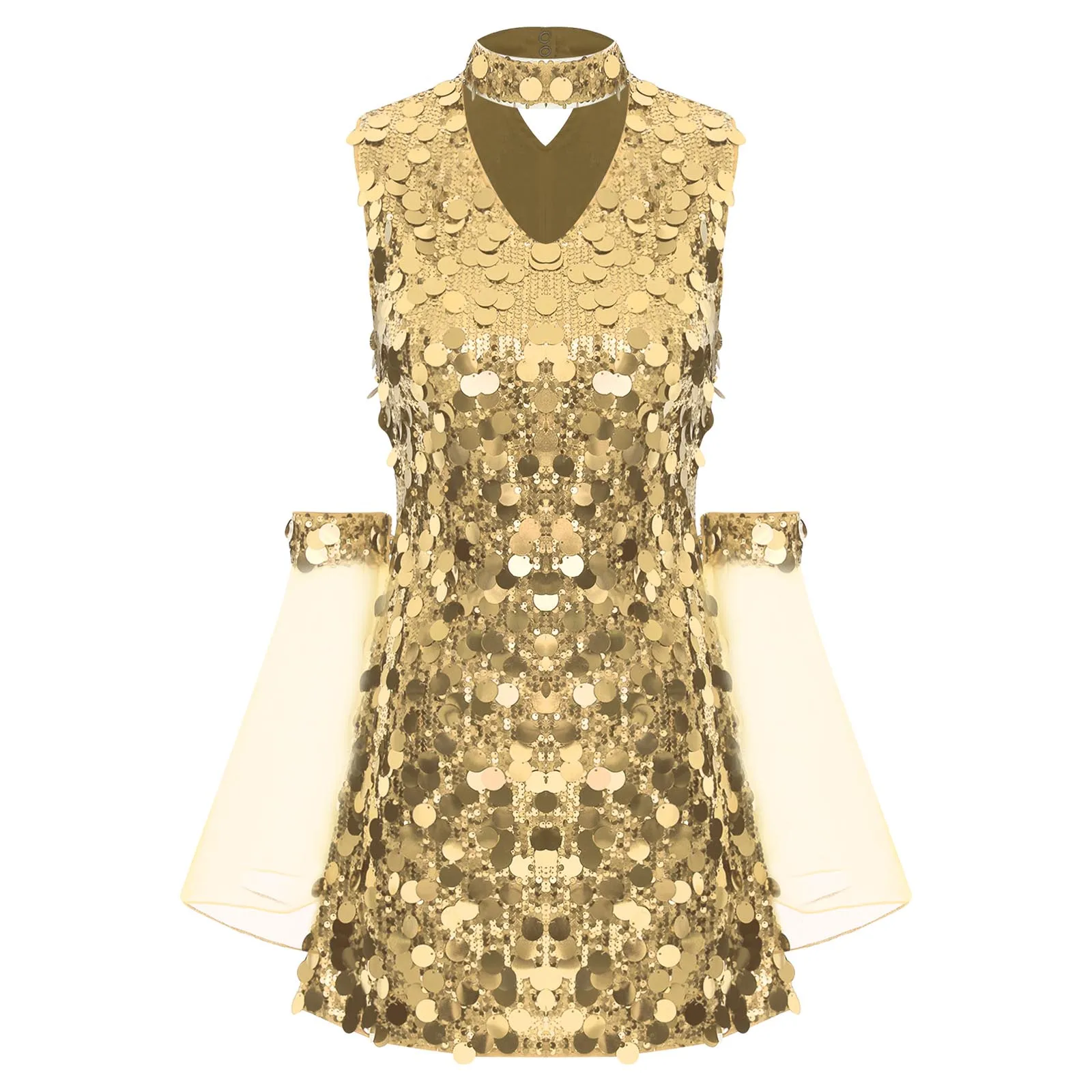 إمرأة 70s ديسكو ملابس رقص هالوين الترتر الهبي زي بلا أكمام الجوف خارج فستان قصير مع شبكة قابلة للإزالة مضيئة كم #3