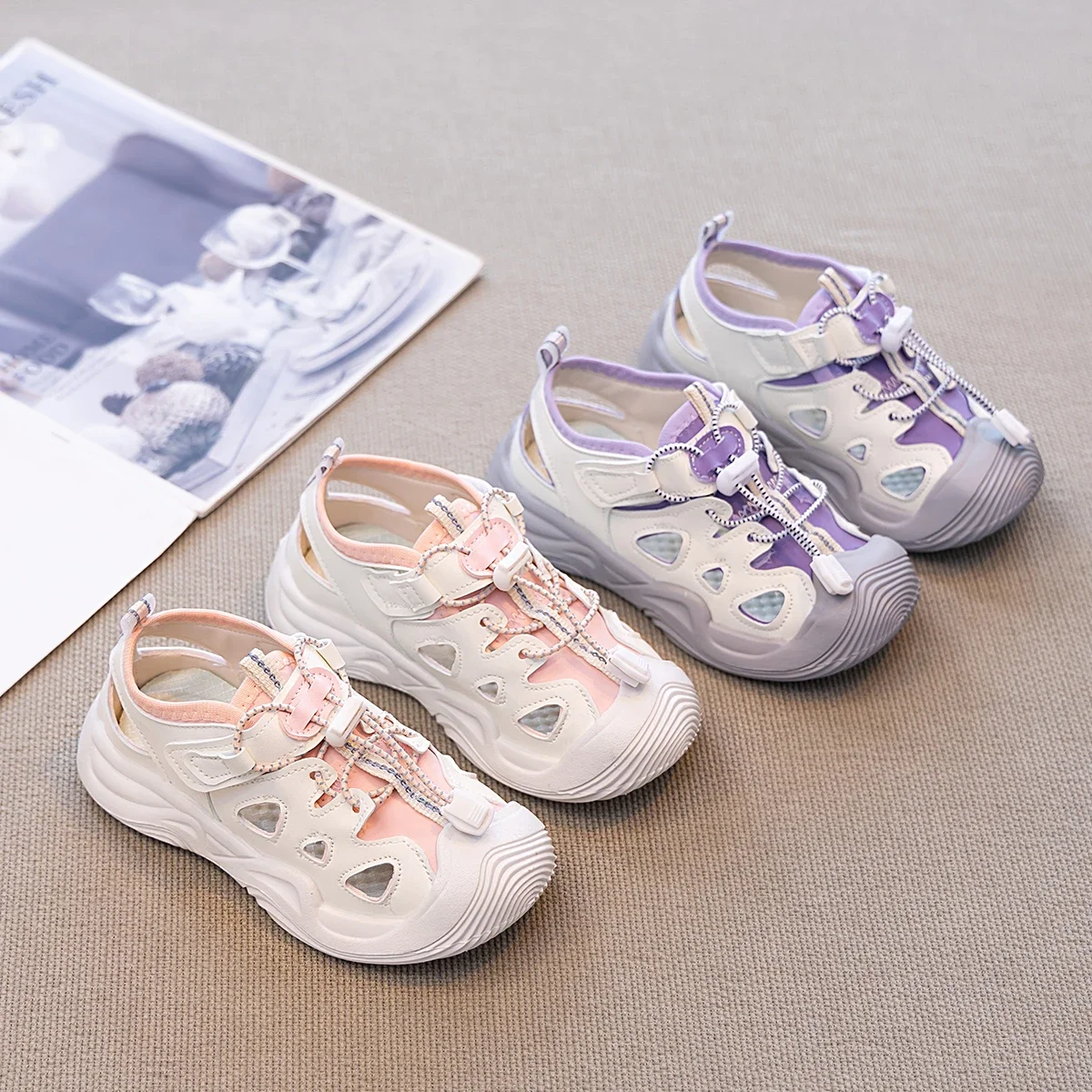 

Children Casual Shoes Toes Capped Anti-kicked Girls Sports Sandals Pull Rope 2025 Summer New Kids Running Shoes Non-slip Soft