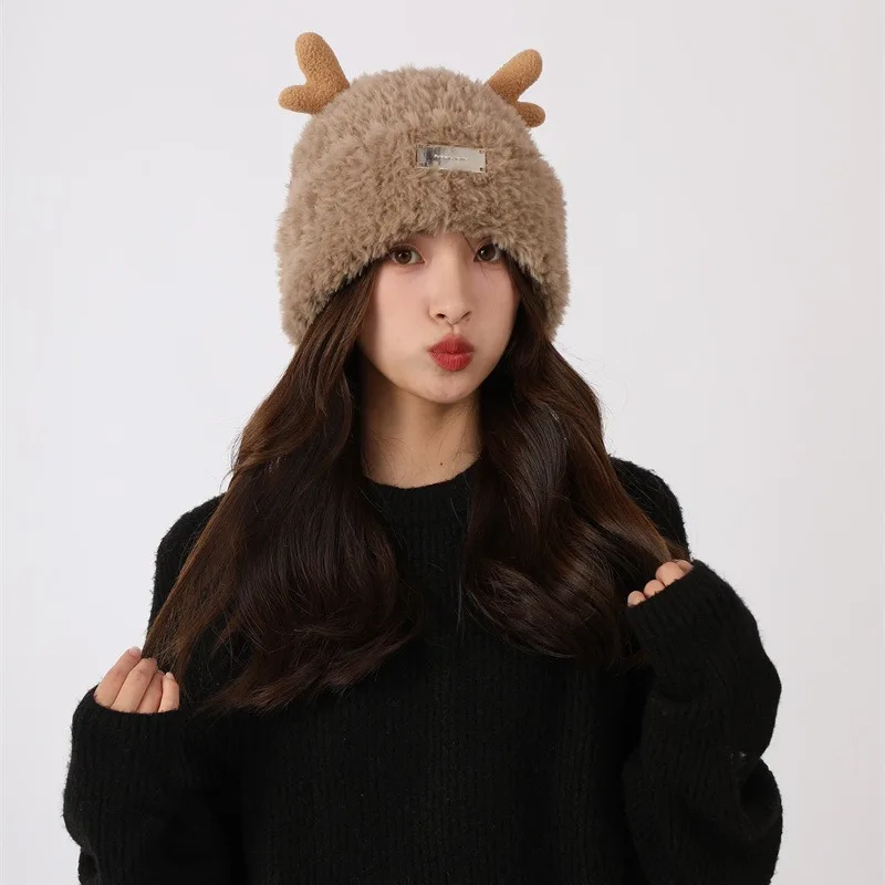 2024 Large Size Cute Faux Fur Earflap Caps Women Christmas Moose Reindeer Warm Ski Hat Men Winter Deer Antler Warm Beanie