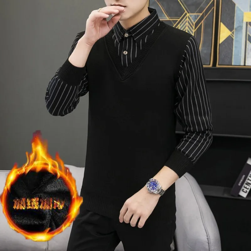 

Fleece Turn-down Collar Sweater Men Spliced Stripes Long Sleeved Business Stylish Pullover Thermal Casual Knitted Shirt Sweater