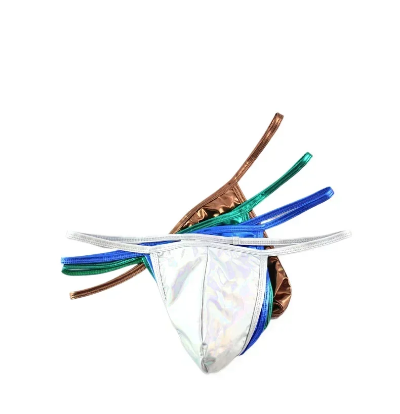 Men's Low-Rise Shiny T-Back, Ice Silk Faux Leather Thong, U-Convex Pouch Open-Back Underwear Gays Fashion Open Buttocks G-string