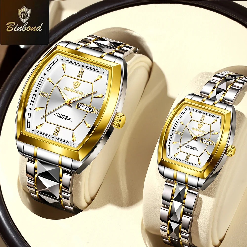 BINBOND New 2pcs/Set Square Couple Watch Fashion Stainless Men Ladies Quartz Watch Lover Waterproof Date Week Luminous Watches