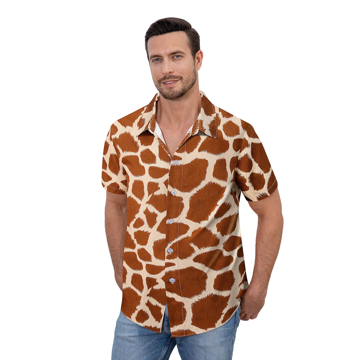 Mens Giraffe Print Shirt Animal Skin Button Down Shirts Summer Short Sleeve Casual Beach Hawaiian Tops Funny Party Tee