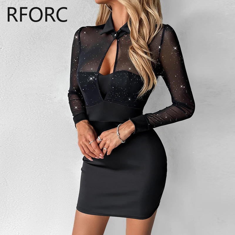 2023 Women Glitter Contrast Mesh Patch Long Sleeves Wrap Mini Black Bodycon Dresses