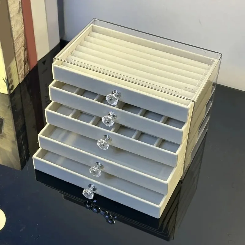 Transparent Acrylic Velvet Lined Jewelry Box Drawer Organizer for Earrings Rings Necklaces Bracelets