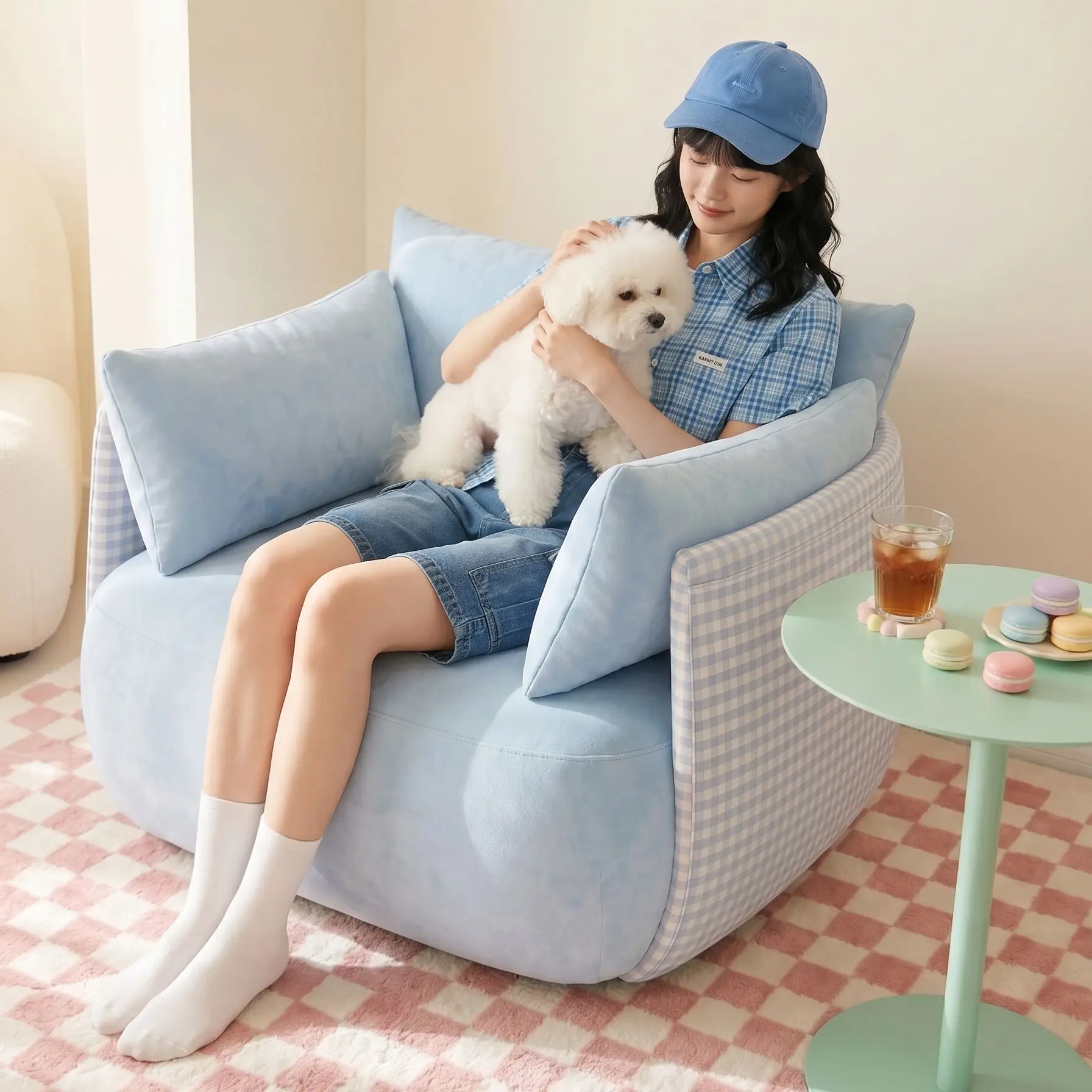 Blue single sofa chair plaid living room dopamine sofa chair back