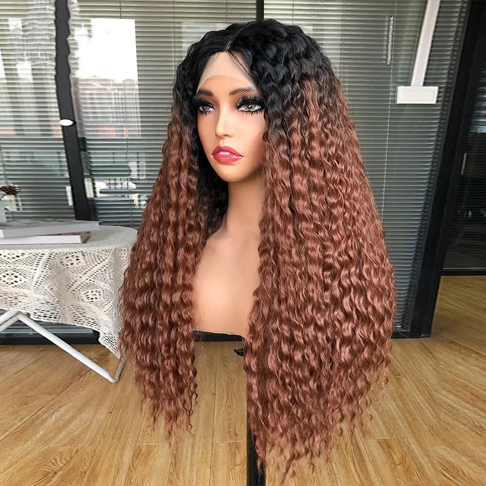 

Long Kinky Curly Ombre Brown Soft 180%Density Preplucked 26Inch Deep Long Lace Front Wig For Women With Baby Hair Glueless Daily