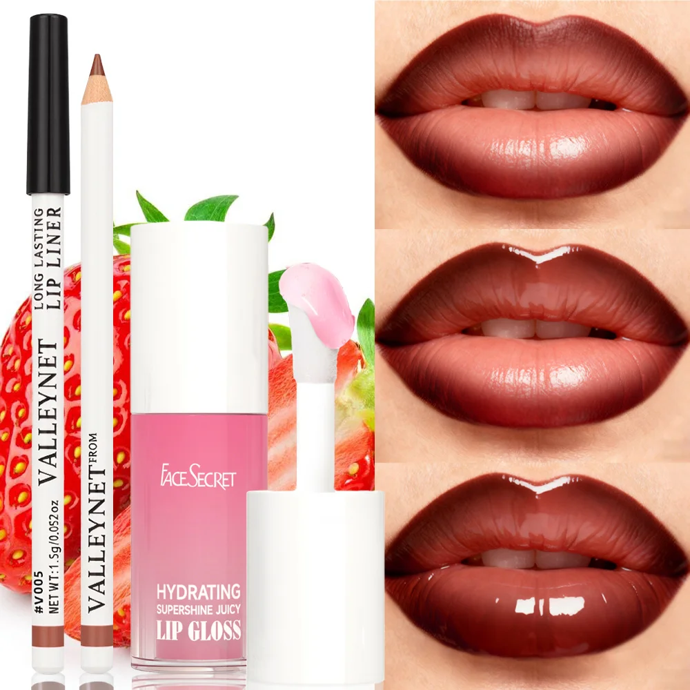 2PCS/SET Lipliner +Lip Oil,Lip Gloss and Lip Liner Lip Combo,Long-lasting Waterproof,Moisturizing Nude Brown Velvet Matte