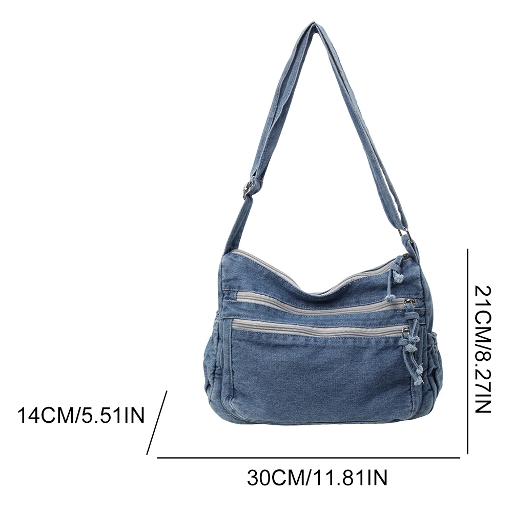 Vintage Denim Shoulder Bag Women\'s Large Capacity Messenger Bag Multi-pockets Satchel Bags Adjustable Strap Ladies Crossbody Bag