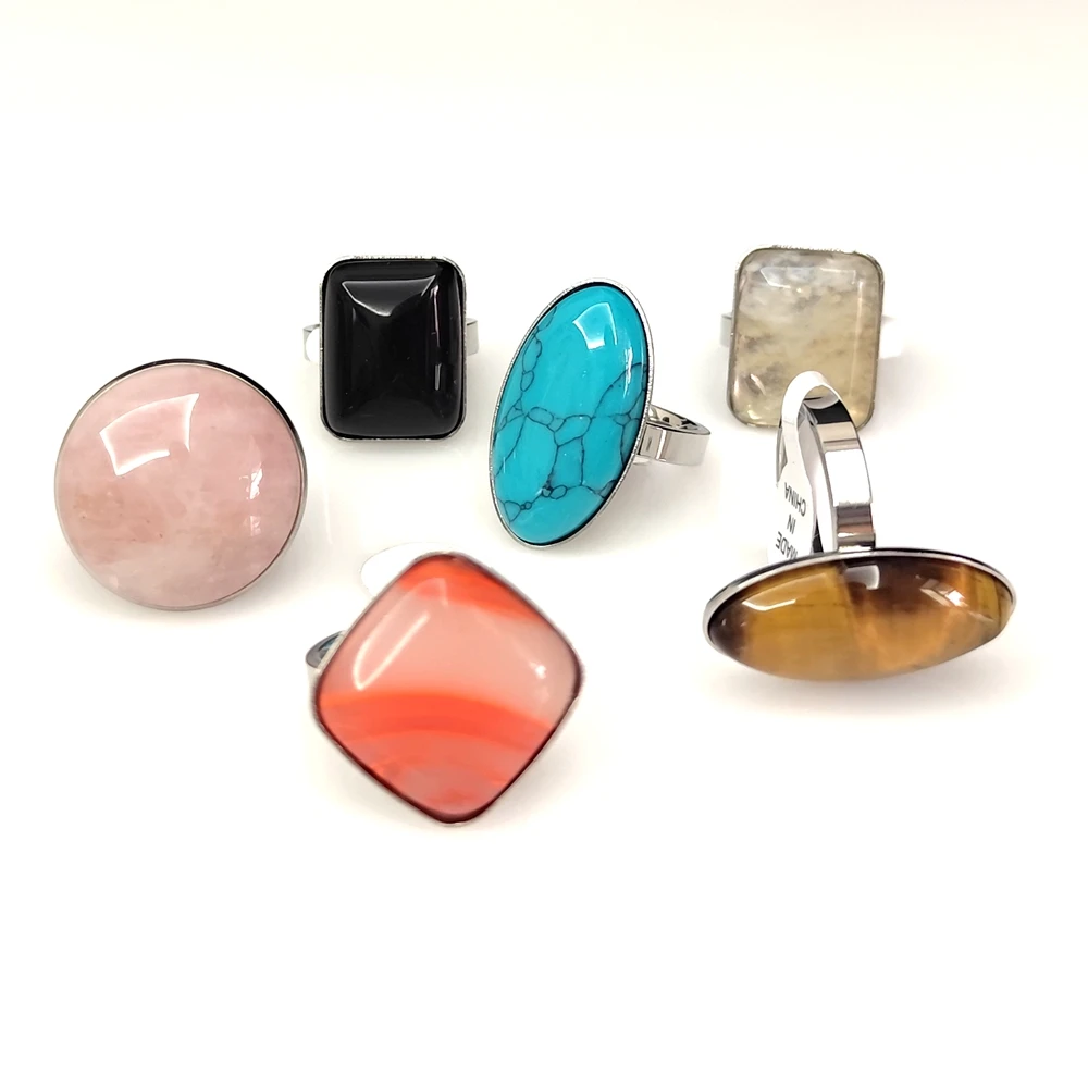 20 Stück/Los Großhandel Gemischte 316L Edelstahl Ringe mit Großen Natursteinen, Ovale und Quadratische Opal-Cabochon-Ringe, Party-Schmuck – Detail 2