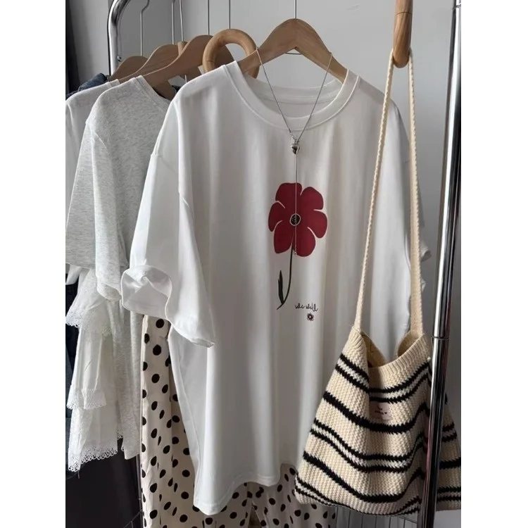 

Laid-ba Loose Base irt ort Sve Printed T-irt Women's Large Size Casual Sle Commute Sle round Ne Floral Print