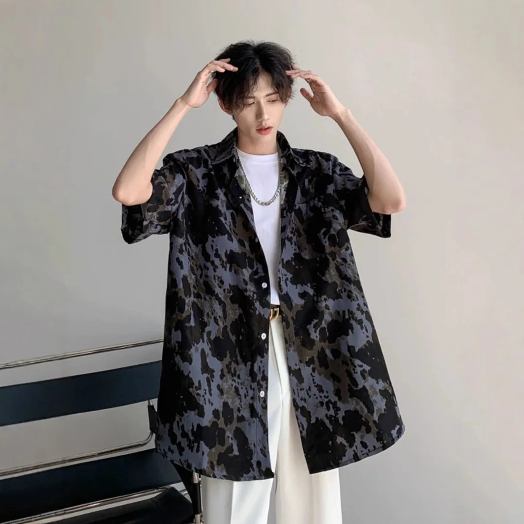 Men's High-end Handsome Tie-dye Short-sleeved Floral Shirt in Summer Thin Cool Ice Silk Sun Protection