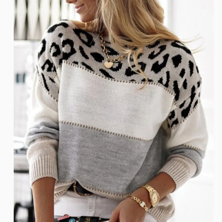 Leopard Print Color Block Knit Sweater Boat Neck Long Sleeve Loose Fit Casual Fall Winter Warm Cozy Outerwear Pullover Top 2026