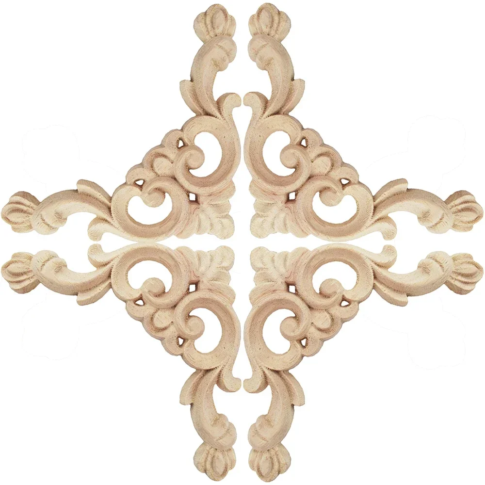 4PCS Natural Classical Ornamental Wood Mouldings Decal Onlay Wood Applique Floral Rose Wooden Accessories Decoration Decal