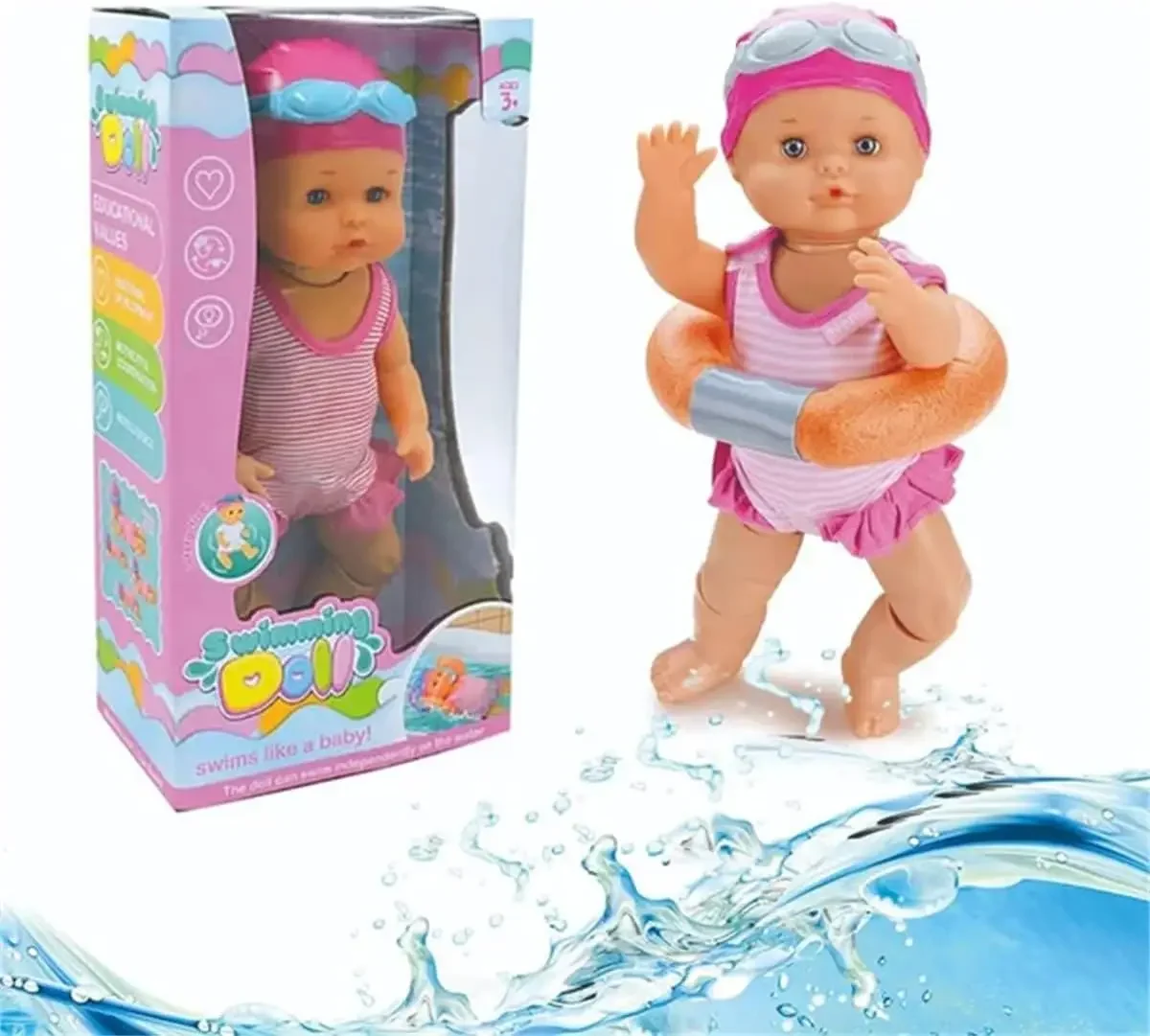 Schwimmende Baby puppe mit Schwimm flosse und Schutzbrille, batterie betriebene Schwimm puppe mit beweglichem Gelenk, wasserdichte Bades pielzeug badewanne