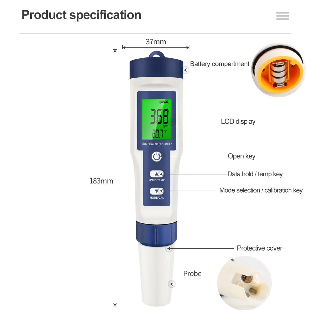 ポータブル 5 in 1 TDS/EC/PH/塩分/温度計デジタル水質 PH テスター、プール、飲料水、水族館用