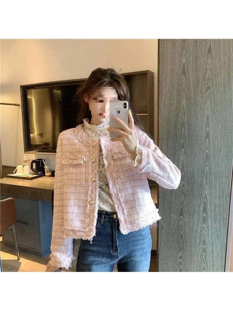 

2025 New Single Layer Coarse Knit Tweed Fringe Outerwear for Ladies Elegant Collar Long Sleeve Polyester Fibre