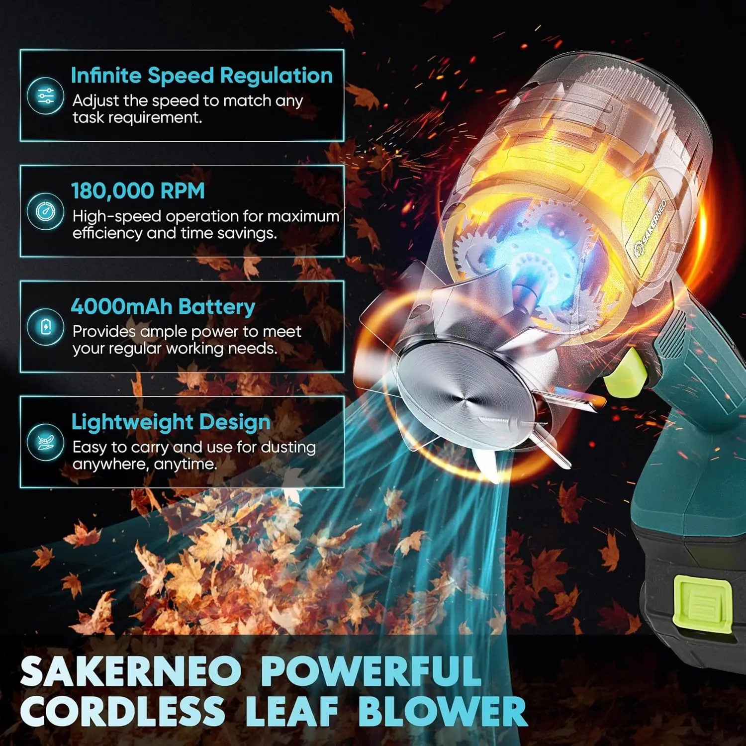 منفاخ أوراق شجر لاسلكي، 18000 دورة في الدقيقة، بطاريات 2 × 4.0 أمبير في الساعة، سرعة قابلة للتعديل للحديقة والحديقة