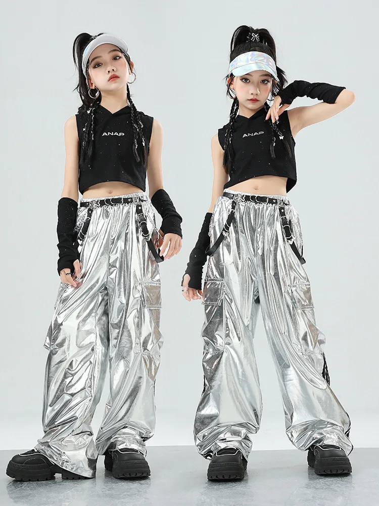 Kids Hip Hop Clothing Kpop Outfit Stage Street Dance Clothes Black T Shirt Silver Pants For Girls Jazz Dance Costumes