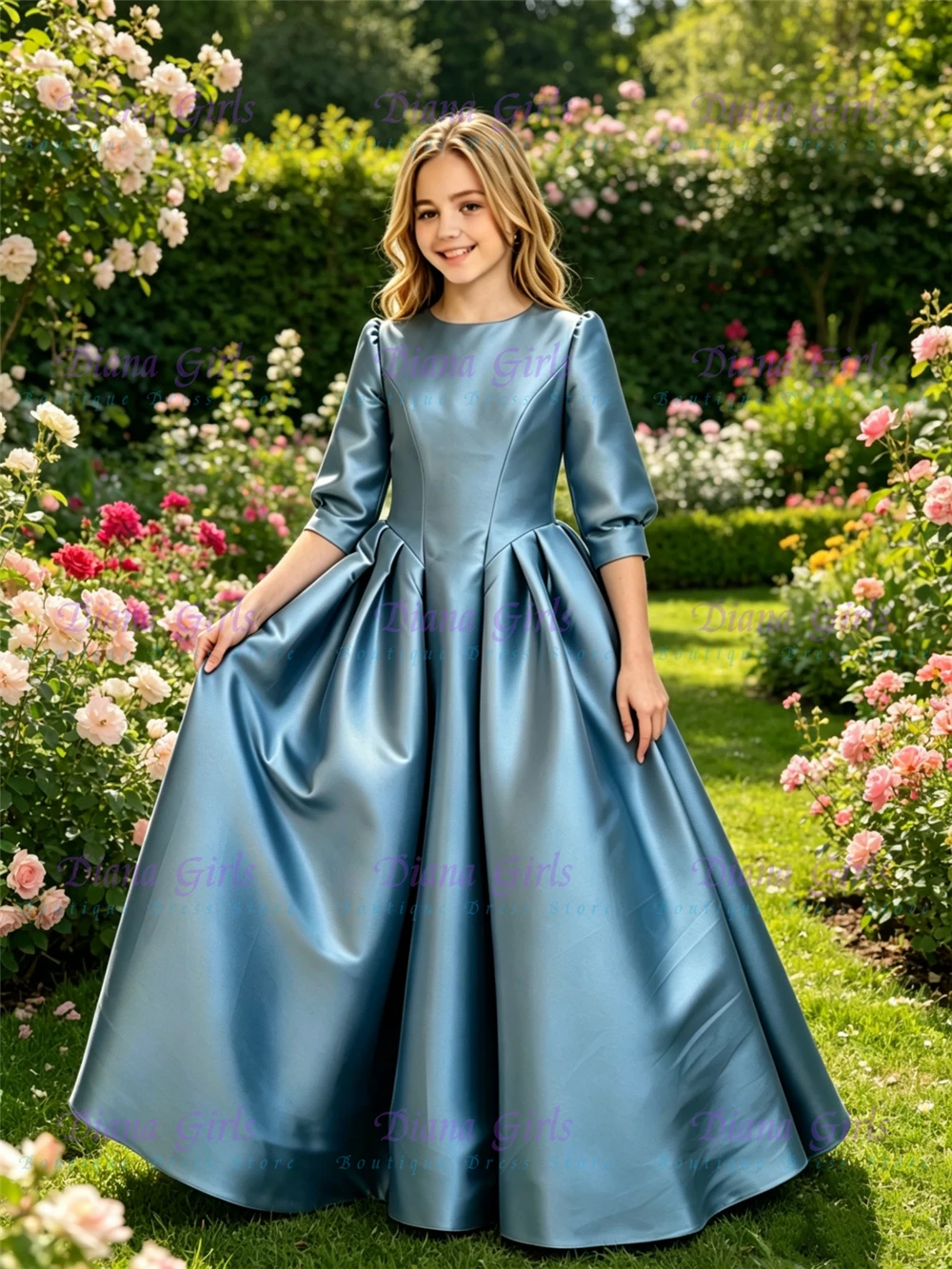 Quality Blue Satin Flower Girl Dress Fluffy With Big Bow For Kids Wedding Birthday Party Evening Ball Gowns Customisable