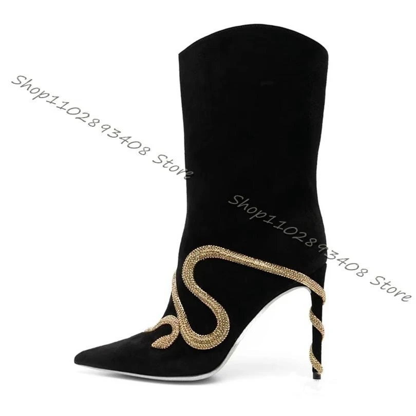 

Black Flock Rhinestone Snakelike Boots Pointed Toe Slip on Stiletto Party Shoes Women Autumn Elegant Boots Zapatos Para Mujere