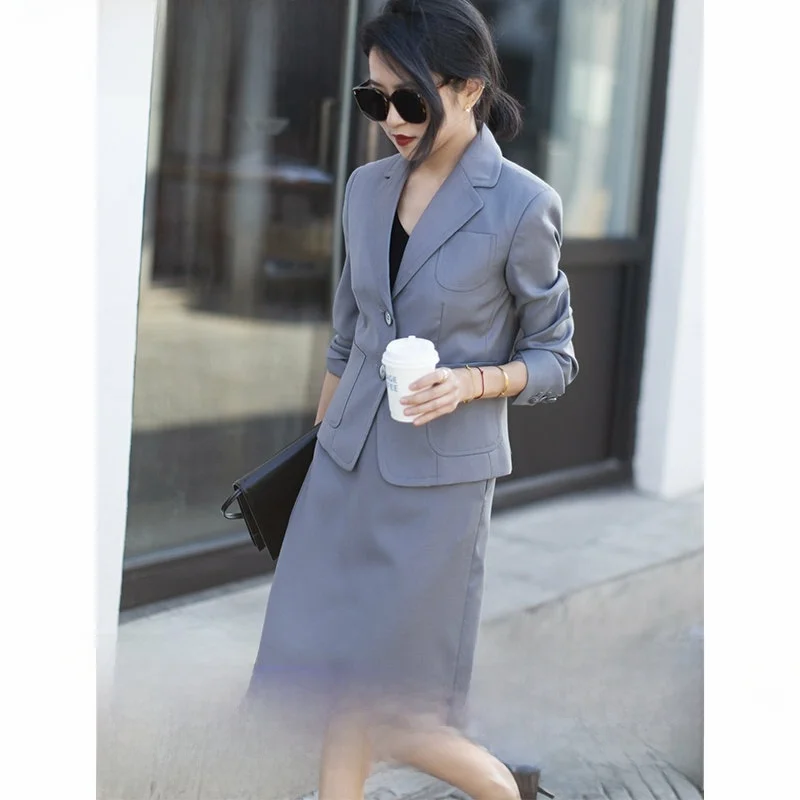

ay Tee-Piece Suit Set for Commuting Lightweight Sli Long Sve Single Button Pure Color Busin Casual Women's Wear
