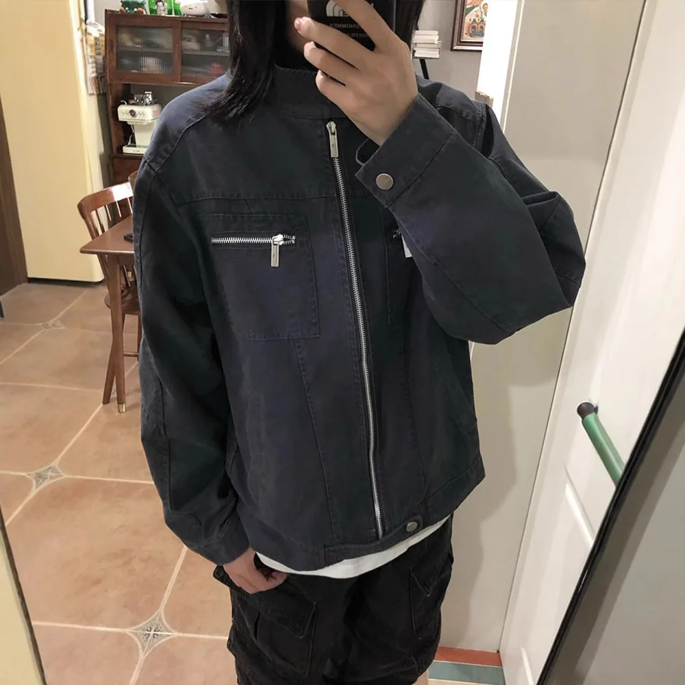 

Весенне-осенняя новая модная мужская американская уличная винтажная однотонная джинсовая куртка с несколькими карманами и воротником-стойкой, мужское пальто