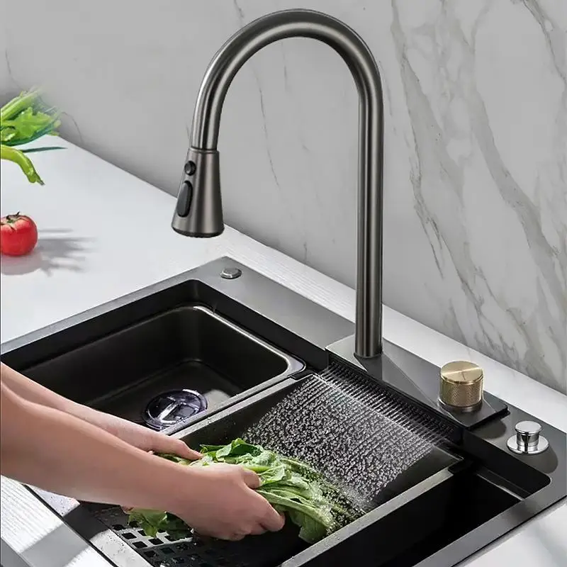 

Kitchen Sink Feiyu Waterfall Integrated Stainless Steel Pull-out Faucet Sink Set Undercounter Vegetable Basin Large Single Sink