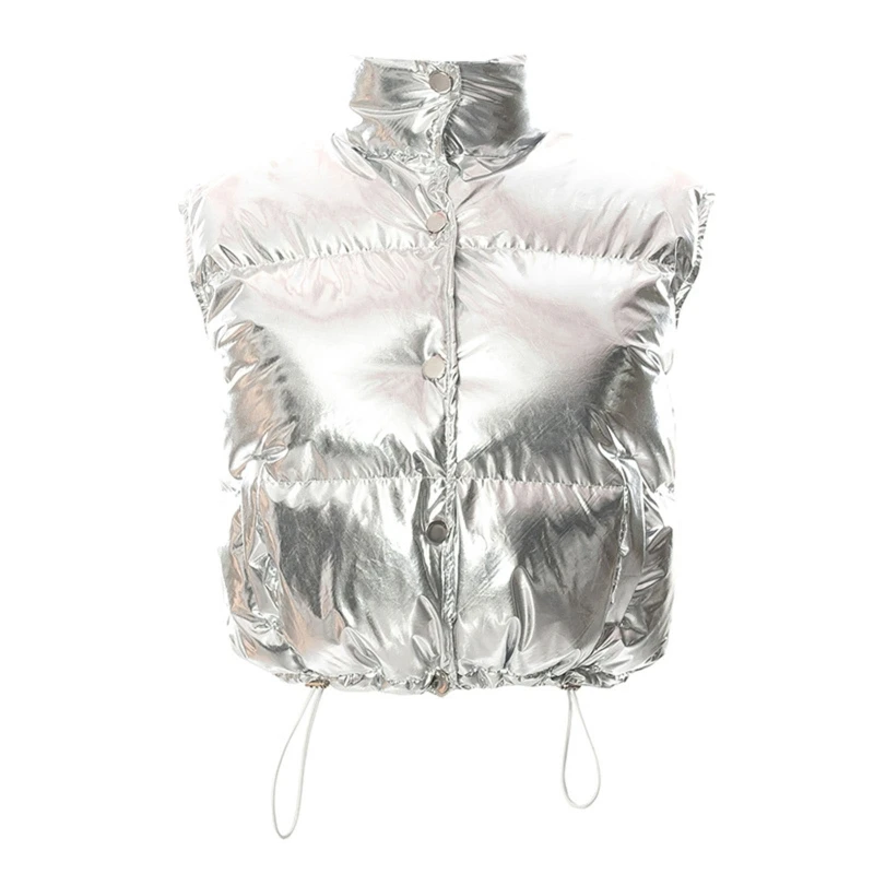 Silver Puffer Padded Coat Vest Women Zipper High Streetwear Short Winter Sleeveless Short for JACKET Autumn Harajuku Top