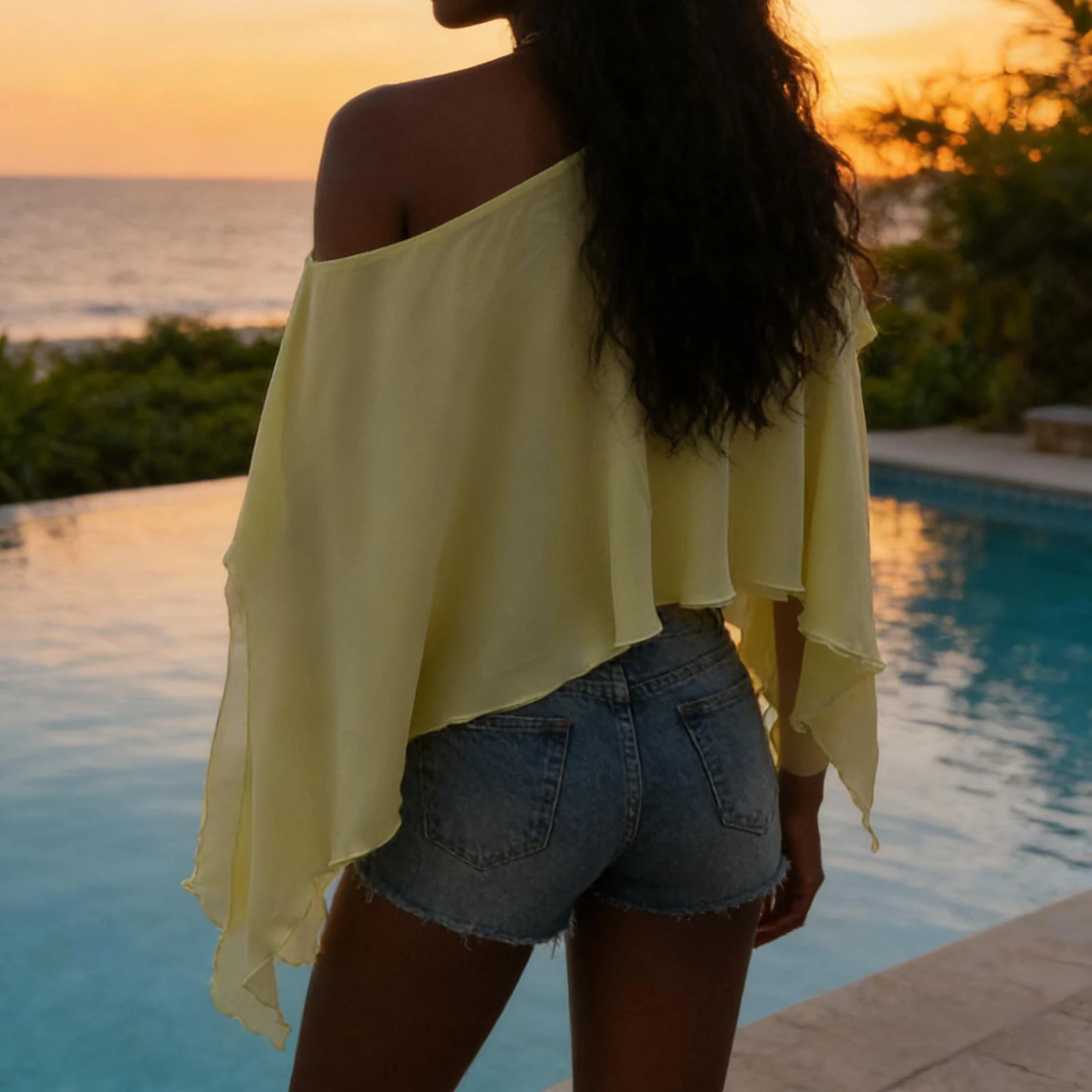 Women Chiffon Poncho Tops Fashion Solid Color Off One Shoulder Loose Fit Summer Cover Up Shawl Blouse