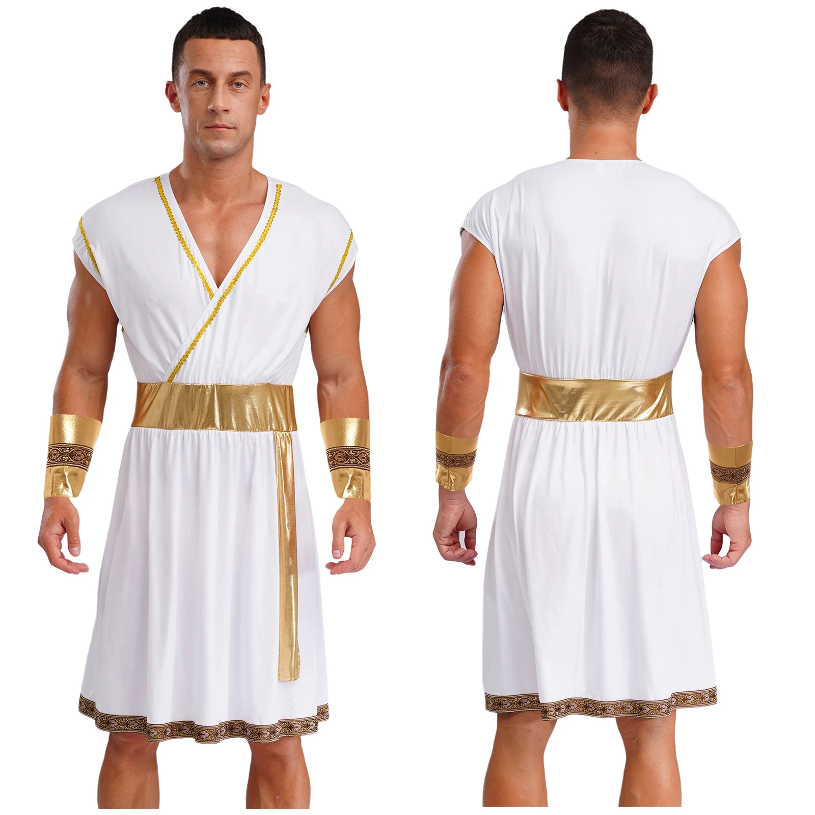

Men Ancient Roman Medieval Soldier Combatant Role Play Outfit Sleeveless Metallic Trim Dress Robe with Cuffs for Halloween Party