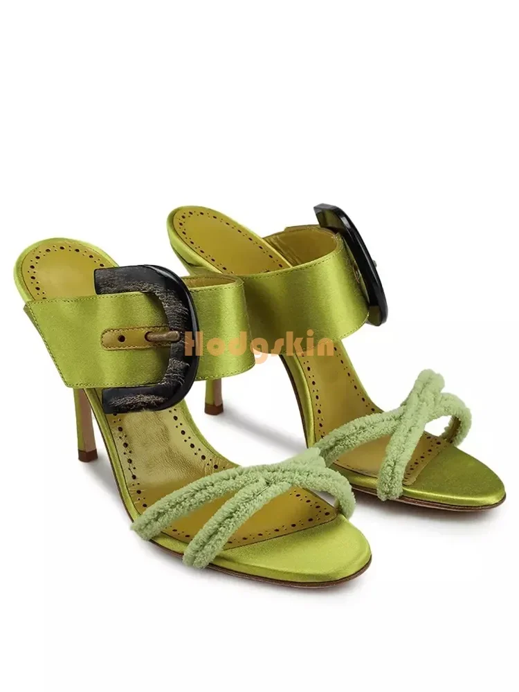

Satin Green Belt Buckle Stiletto Slippers Round Toe Cross Straps Leather Slip-on Thin High Heels 2024 Women Fashion Dress Shoes