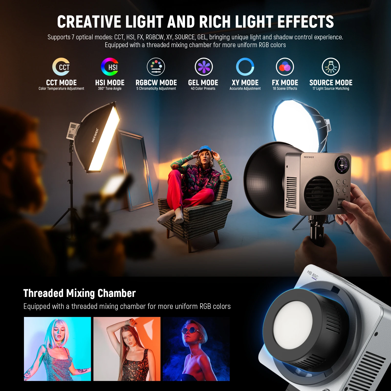 NEEWER HB80C 80W RGB COB RGBWW LED Video Light with Built-in 72Wh Battery & 100W PD Fast Charging Continuous Output Lighting