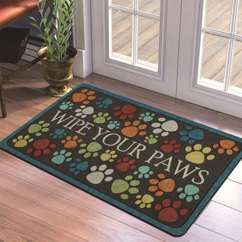 Welcome Theme Door Mat With Pet Paw Retro Floral Geometric Patterns Soft Decorative Entryway Rug For Home Indoor Outdoor