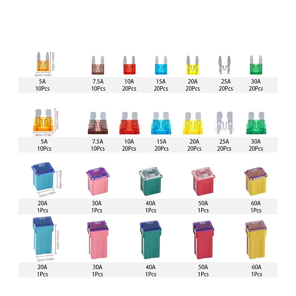 250PCS Blade Fuses Assortment Kit,Mini&Standard/Low and Tall Profile Box Shaped Assorted Fuse,High-Type Box Fuses