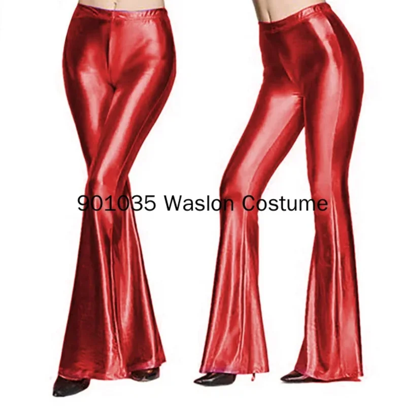 Women Shiny Flare Trousers Laser Metallic Wetlook Ruffle Wide Leg Pants Retro 70s Disco Hippie Club Trousers Skinny Bell Bottoms